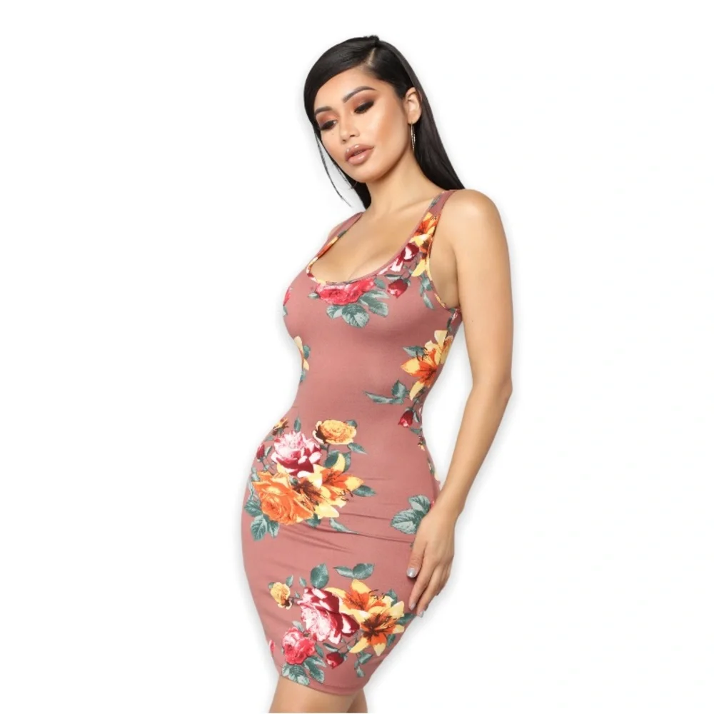 Heart & Hips Woman’s Milk Chocolate Floral Autumn Sleeveless Comfy Bodycon Dress - Picture 4 of 9
